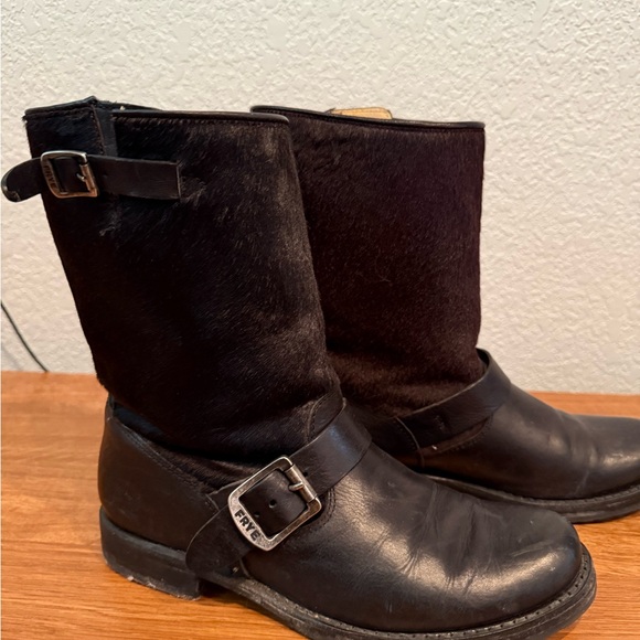 Frye Black Leather Buckle Ankle Boots with Calf Hair Uppers - Picture 5 of 6